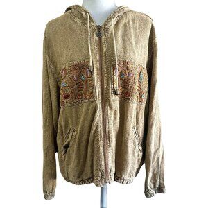 Vintage Y2K Boho Tan Camel 100% Cotton Embroidered Full Zip Hoodie